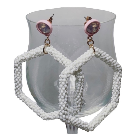 NWT | bp | White Beaded Hexagon Hoop Earrings with Pink & Crystal-like Details - Picture 2 of 2